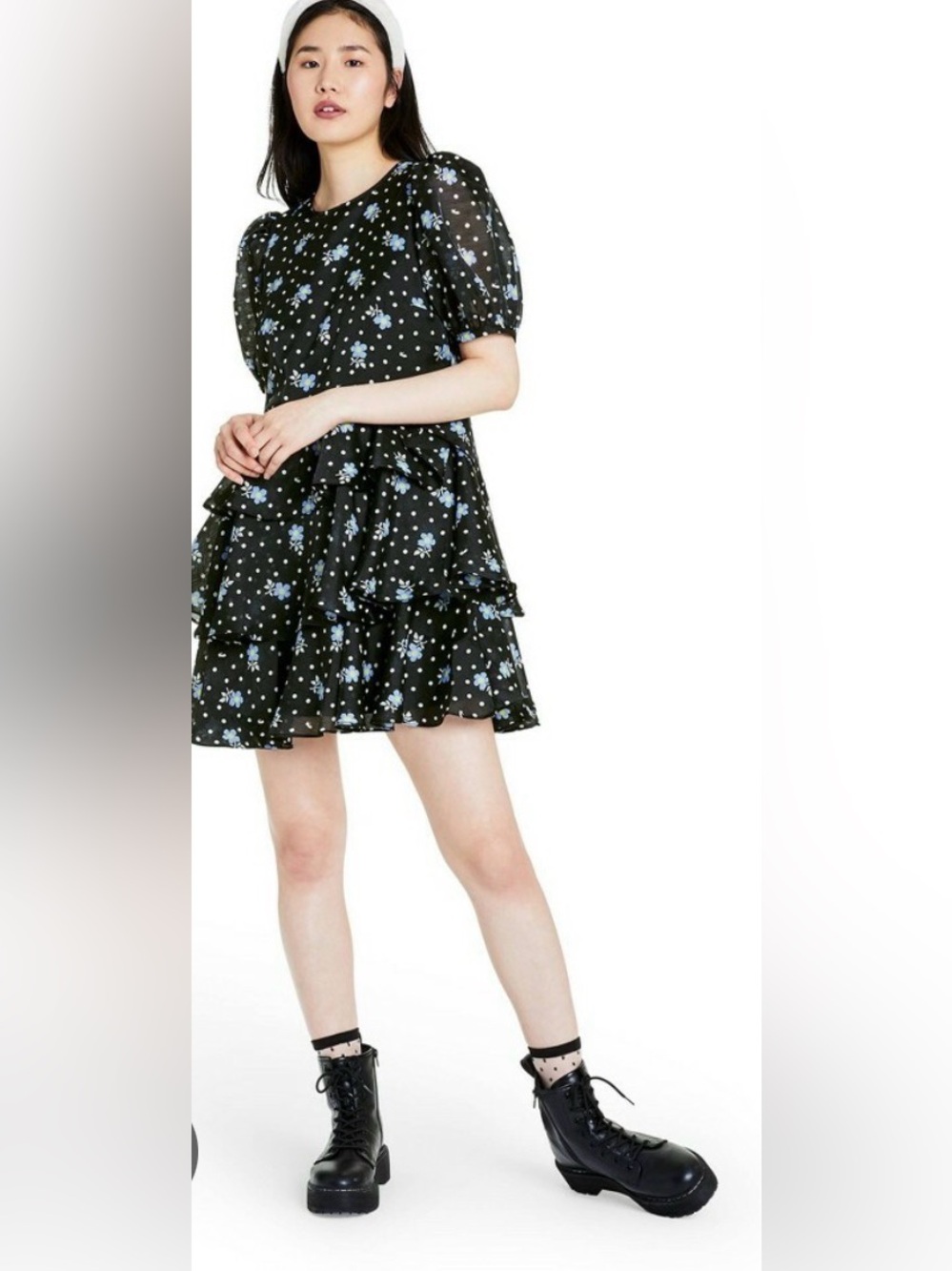 Sandy Liang x Target Black Mini Dress with Blue & White Floral Print